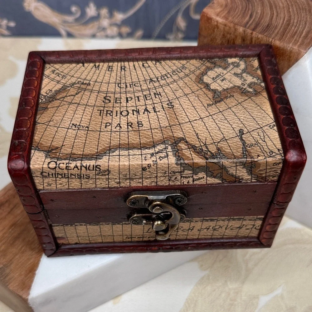Vintage Map Design Wooden and Brass Storage Box